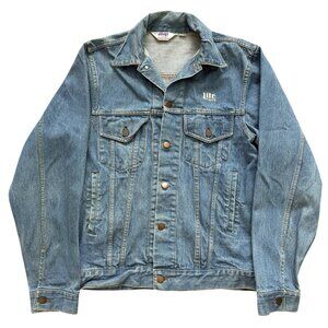 VTG MVP Cor Inc MILLER LITE Blue Denim Jean Jacket Distressed Men's Size Large